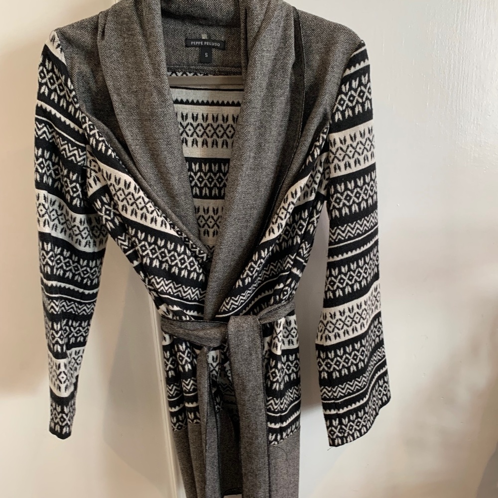 Peppe Peluso wrap jacket. Ethnic patterning in black, white  and greys
